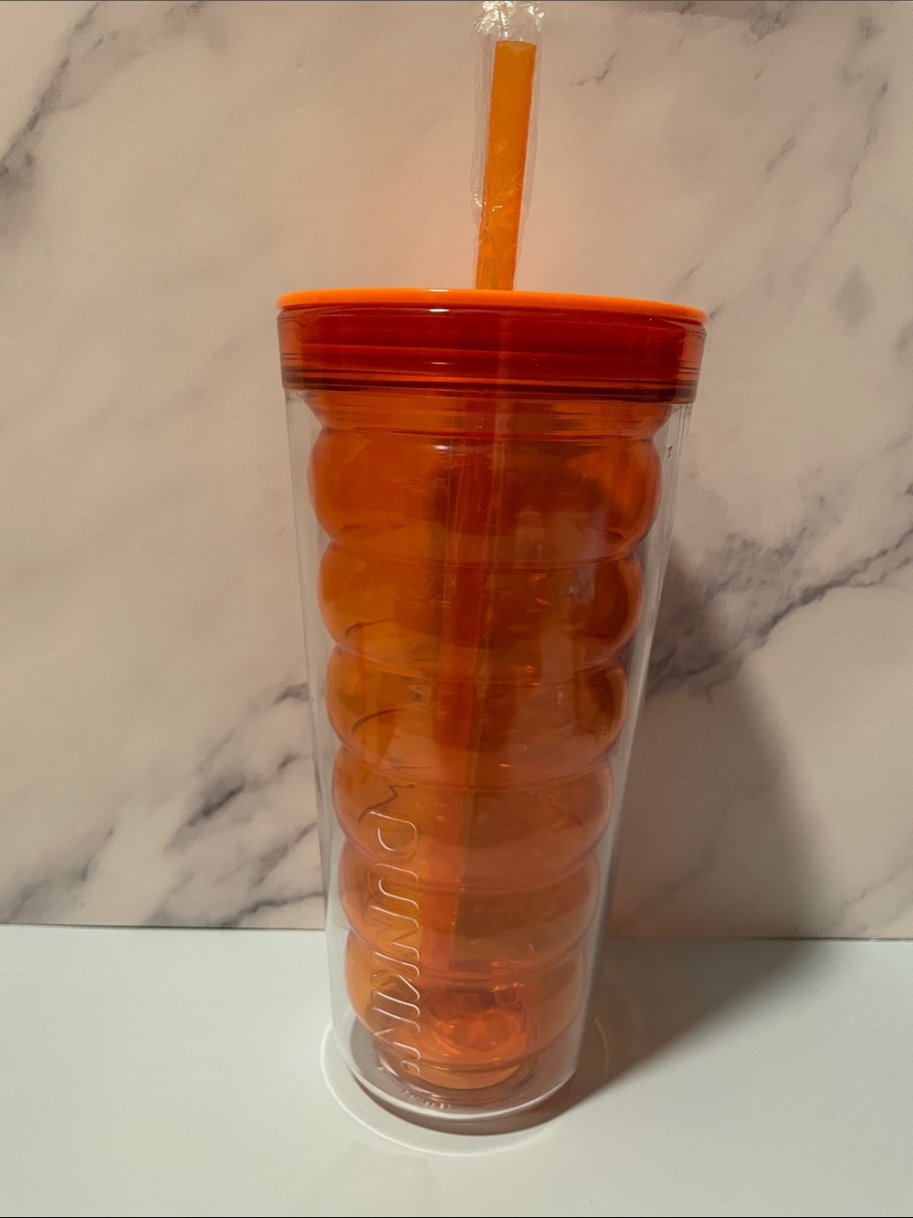 DUNKIN Bubble Acrylic Tumbler Orange 24 oz. & Orange Insert & Straw NWOT